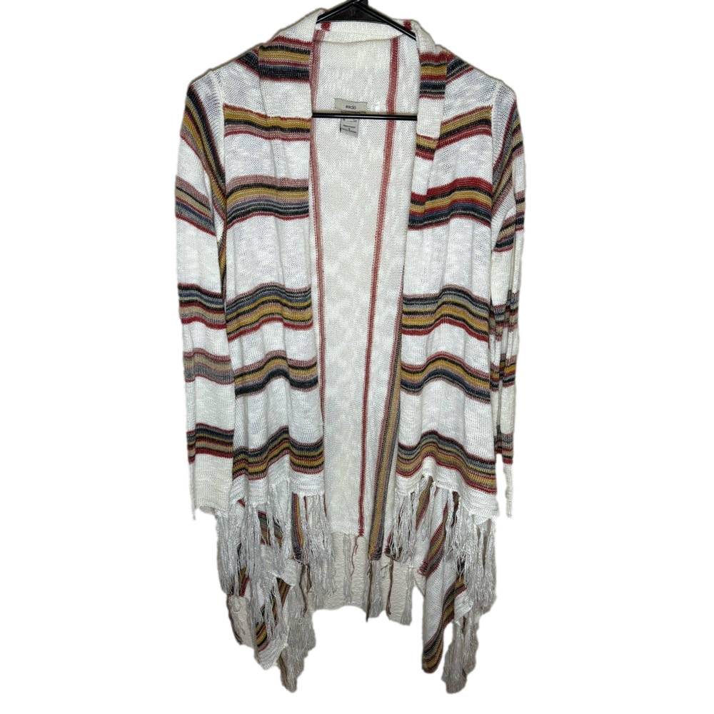 Escio Striped Knit Fringe Cardigan Sweater S White Multicolor Boho - Picture 3 of 6